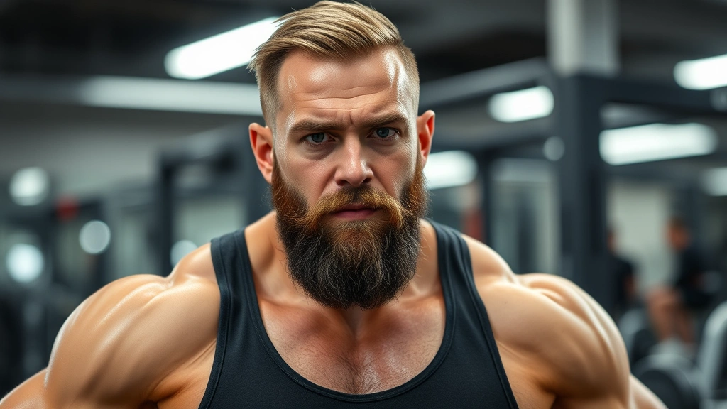 Fit man in gym mid-workout, determined expression, sweat visible, demonstrating testosterone-boosting exercise that supports natural beard growth