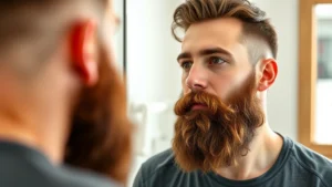 A man with a thick, well-groomed beard looking confidently in a mirror, natural lighting showing beard texture and density, indoor bathroom setting, professional grooming atmosphere, focus on facial hair quality and health