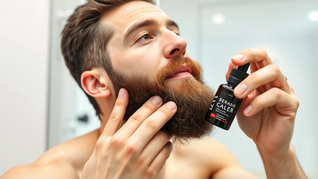 A man in a modern grooming routine applying beard serum or treatment product to his beard with visible results, confident expression, clean bathroom background, demonstrating daily self-care and personal improvement