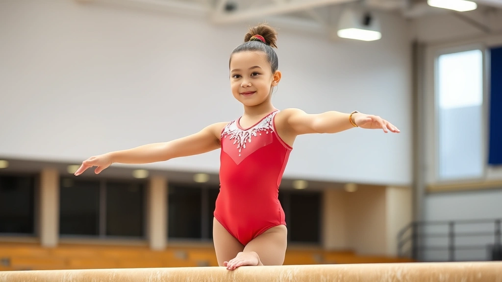 Young female gymnast performing a balance beam routine with perfect form, focused expression, bright gymnasium lighting, confident body posture, athletic wear, professional sports photography style