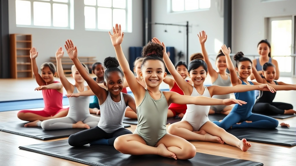 Group of diverse young gymnasts stretching together on mats in a modern gym, smiling, supportive coaching environment, natural daylight through windows, emphasizing teamwork and community
