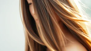 Woman with visibly thick, healthy hair flowing in natural light, close-up of shiny hair strands showing vitality and strength, professional wellness setting