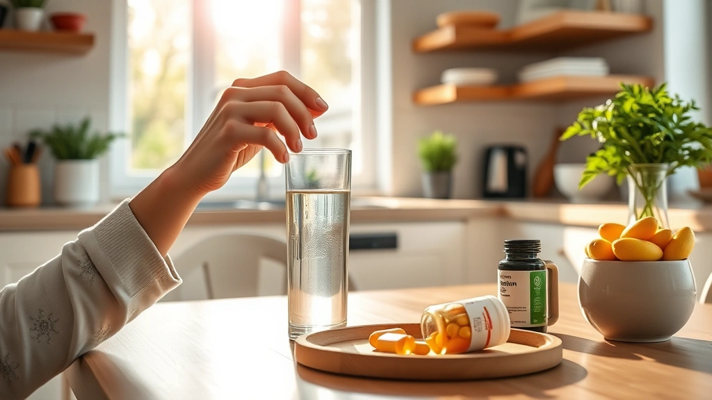 Person taking vitamin supplement with glass of water at bright kitchen table, morning wellness routine, natural sunlight streaming through window