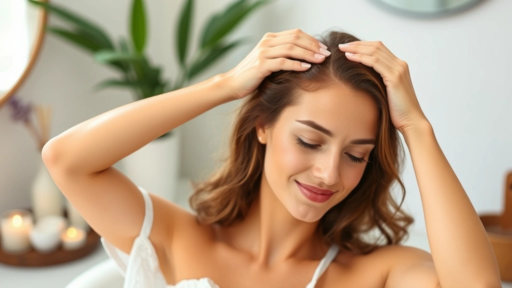 Woman applying scalp treatment or massaging head, peaceful expression, demonstrating hair care wellness practice, spa-like bathroom environment with natural elements