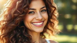 Woman with radiant, thick hair smiling confidently outdoors in natural sunlight, close-up of healthy hair texture and shine, professional wellness photography style