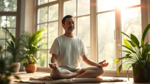 Person meditating peacefully in serene morning sunlight streaming through large windows, seated on cushion with calm expression, natural indoor botanical setting with plants, photorealistic, serene wellness atmosphere