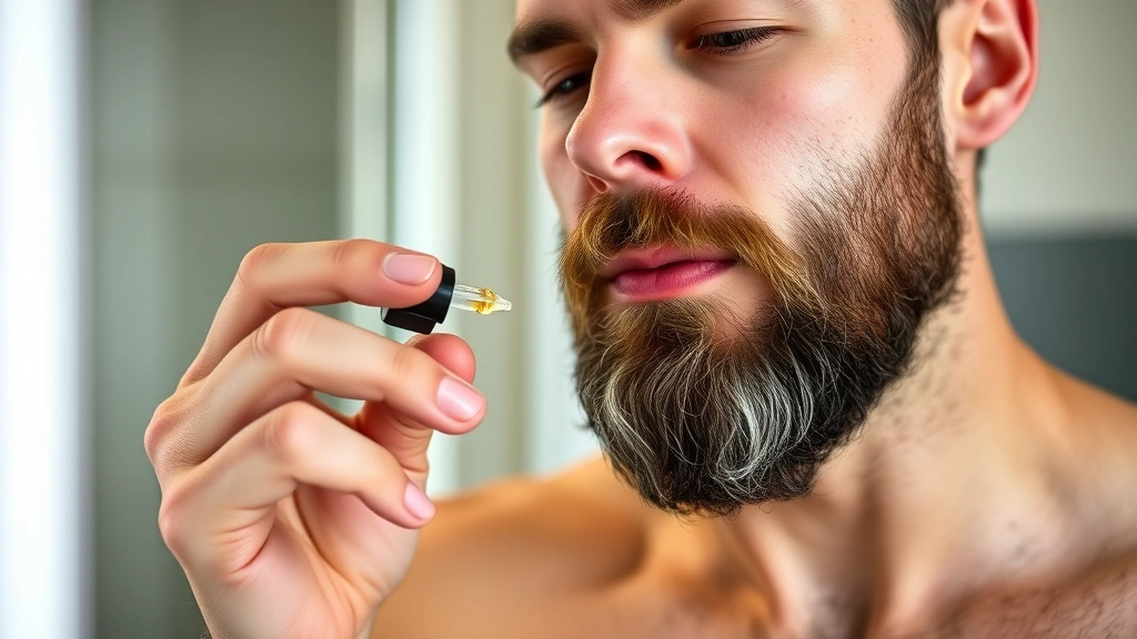Man applying beard oil with dropper to beard, showing proper application technique, focused concentration, bathroom or grooming space, demonstrating self-care routine
