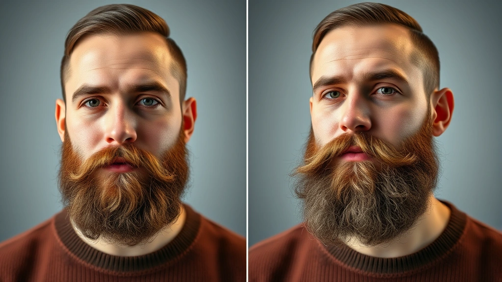 Before and after style comparison showing beard transformation over weeks, same man with noticeably healthier, fuller-looking beard, professional portrait lighting, clean grooming aesthetic