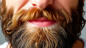 Close-up of a man's face showing a thick, well-groomed beard with visible texture and shine, natural lighting highlighting individual hairs, confident expression