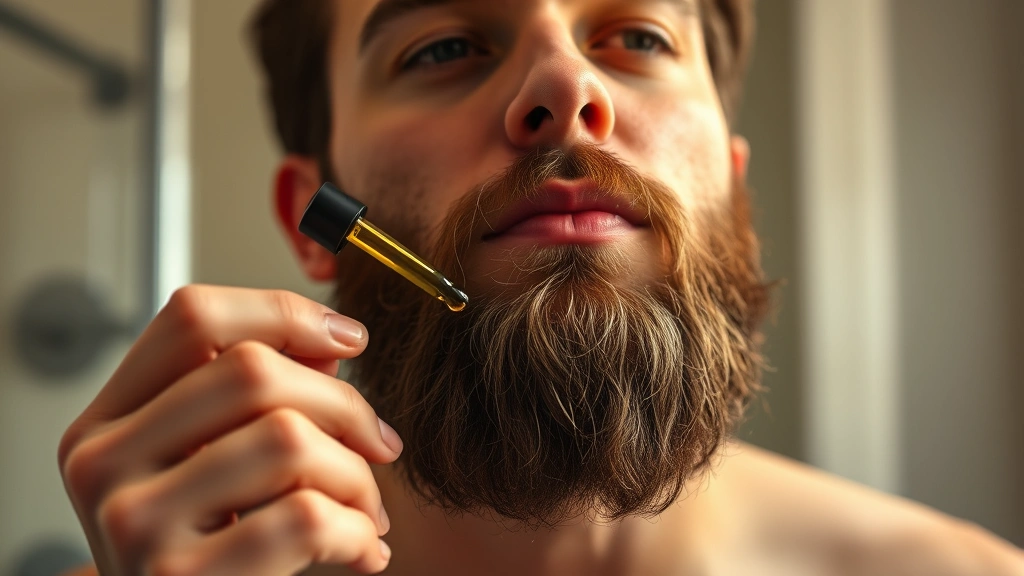 Man applying beard oil with dropper to his beard, focusing on the application technique with oil droplets visible, warm bathroom lighting, demonstrating proper grooming ritual