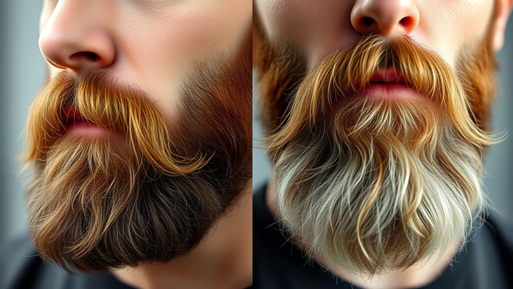 Split-screen comparison: left side showing dry, dull, brittle beard texture; right side showing same beard after conditioning with healthy shine and softness, professional lighting