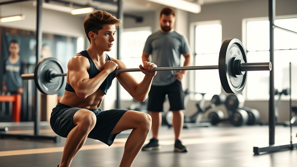 Young athlete performing perfect squat form with spotter observing, bright gym lighting, focused expression, athletic wear, muscular definition visible, motivational atmosphere