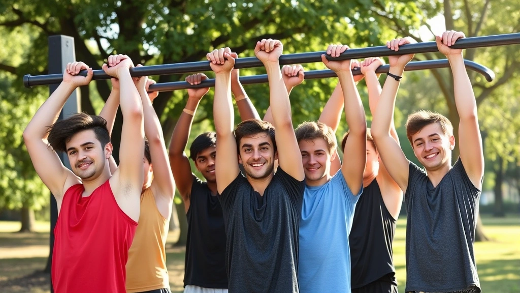 Diverse group of teenage athletes doing pull-ups and bodyweight exercises outdoors, morning sunlight, natural confidence and joy on faces, park setting with trees, healthy development