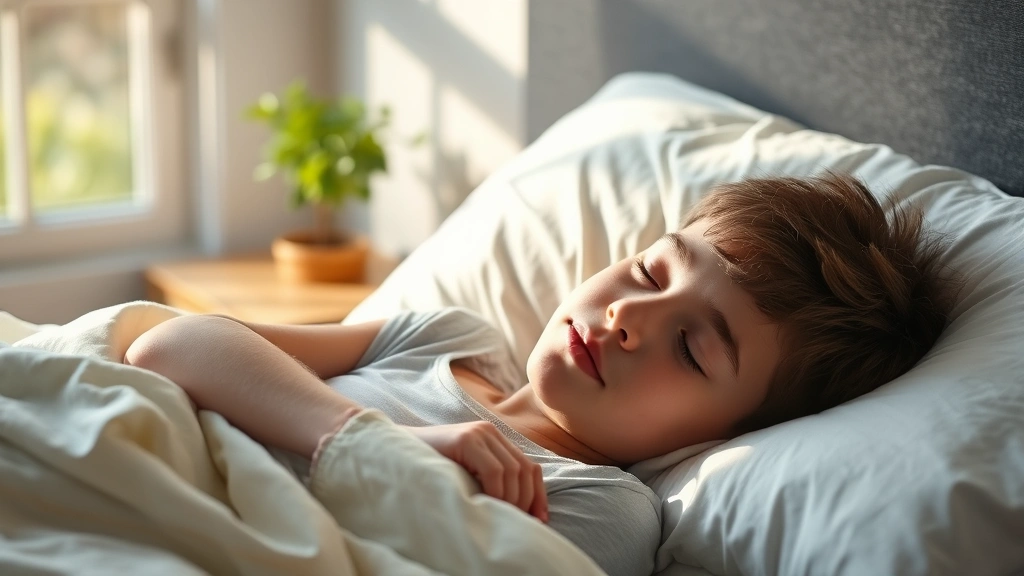 Adolescent boy sleeping peacefully in comfortable bed, natural morning light through window, peaceful expression, recovery focused, healthy growth environment, bedroom setting