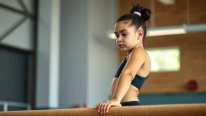 Young female gymnast performing on balance beam with focused expression, athletic build, indoor gym setting with soft natural lighting, showing strength and concentration during training