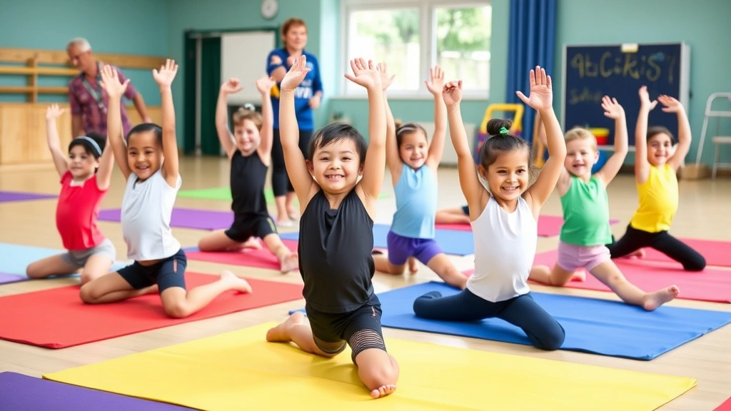 Diverse group of child gymnasts of varying heights doing stretching exercises together on colorful mats, smiling and engaged, bright gymnasium environment with supportive coaching visible