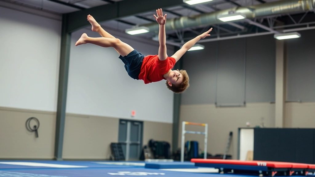 Teenage gymnast mid-flip in air above landing mat, dynamic movement captured, showing athletic power and skill development, professional gym setting with safety equipment visible
