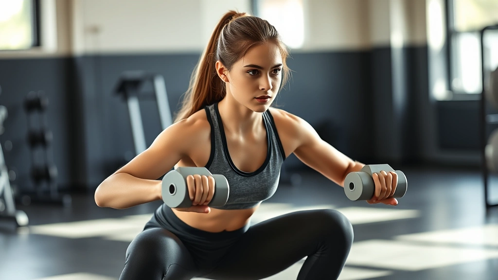 Young female teenager performing a proper squat exercise with light dumbbells in a bright gym, focused expression, perfect form, athletic wear, natural lighting, professional fitness environment