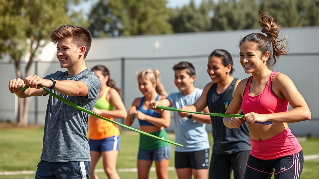 Diverse group of adolescent athletes doing resistance band exercises outdoors, smiling, energetic, sunny day, building strength together, supportive coaching environment visible