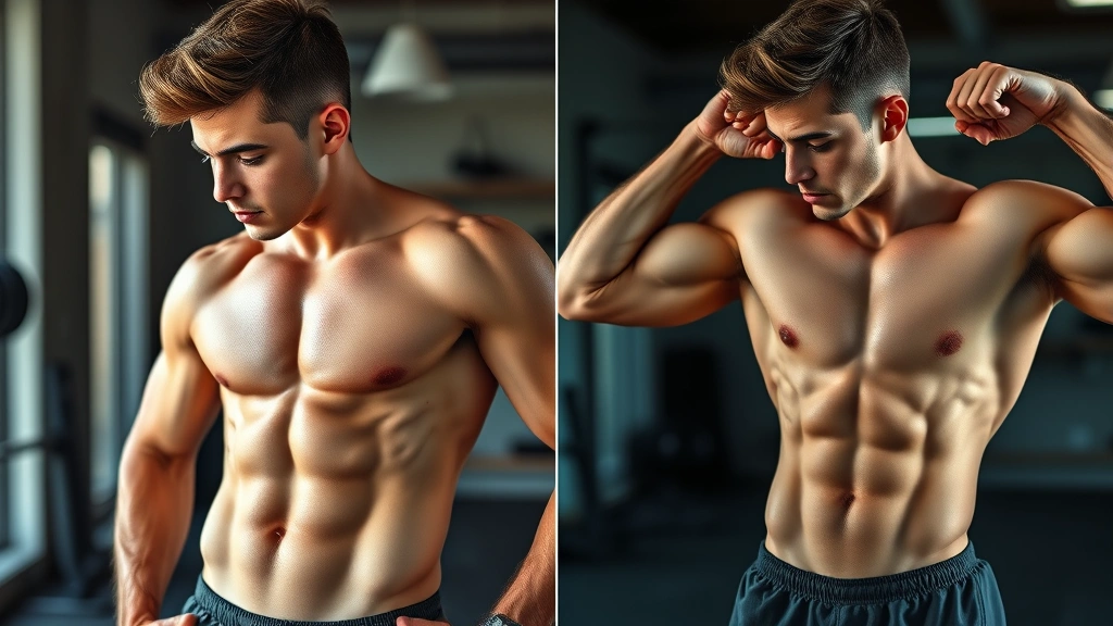 Close-up of a young male athlete's muscular development and posture improvement, before-after style composition showing confidence and physical growth from training, natural gym setting