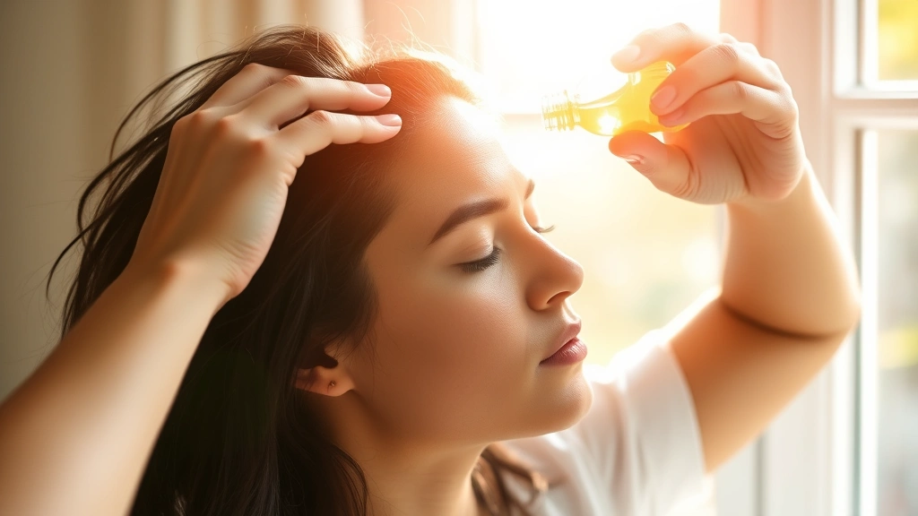 Person applying natural oil treatment to scalp during self-care routine, hands in hair, peaceful expression, morning sunlight through window, personal wellness moment