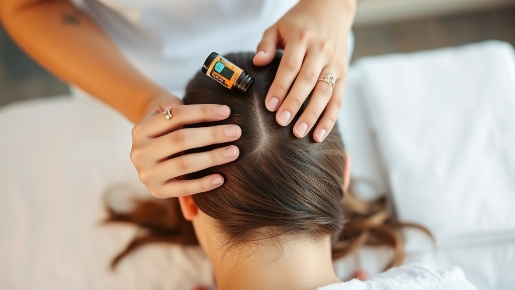 Person performing scalp massage with diluted essential oil application, demonstrating proper hair care technique with focused, peaceful expression