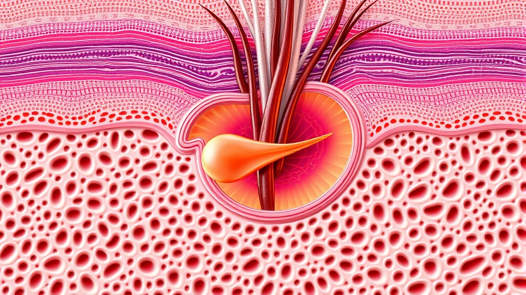 Cross-section diagram visualization of hair follicle structure showing dermal papilla and hair bulb during growth phase, scientific illustration style merged with photorealistic detail, soft lighting