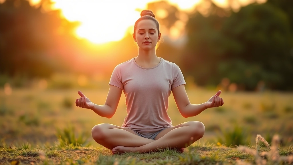 Person meditating peacefully outdoors at sunrise, sitting cross-legged in calm natural setting, serene facial expression, soft natural lighting, representing inner peace and self-reflection