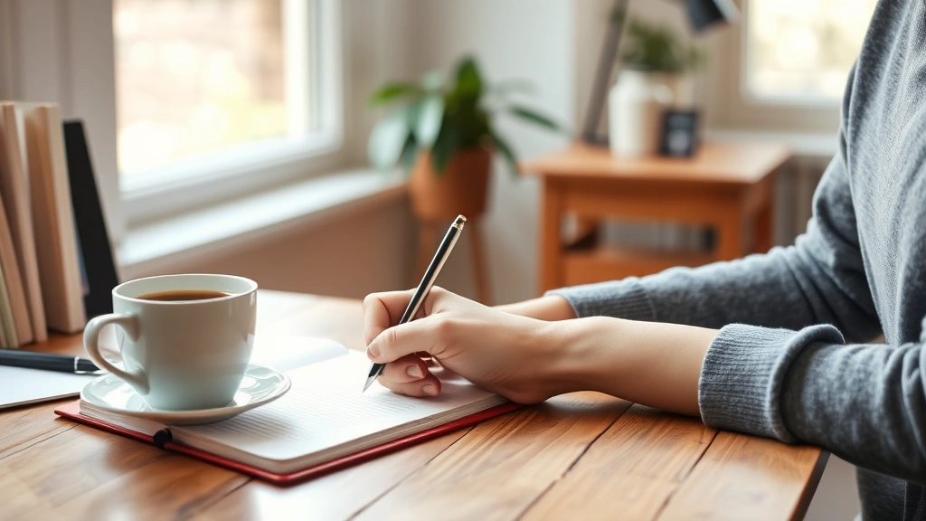 Person writing in journal at wooden desk with morning coffee, focused concentration, natural window light, calm workspace environment, representing self-reflection and personal growth practices
