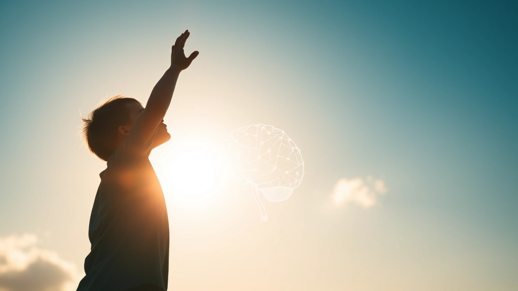 Silhouette of teenager reaching upward toward bright sky symbolizing growth potential, with neural network patterns faintly visible, representing brain development and future possibilities
