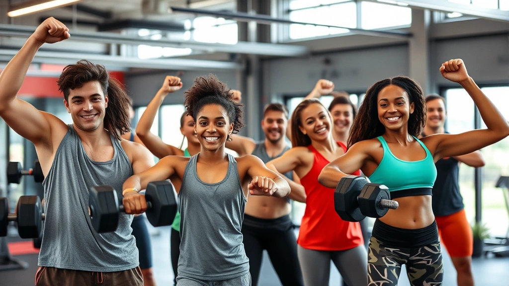 Group of diverse young athletes doing strength training exercises together under professional supervision, smiling with confidence and energy in modern facility