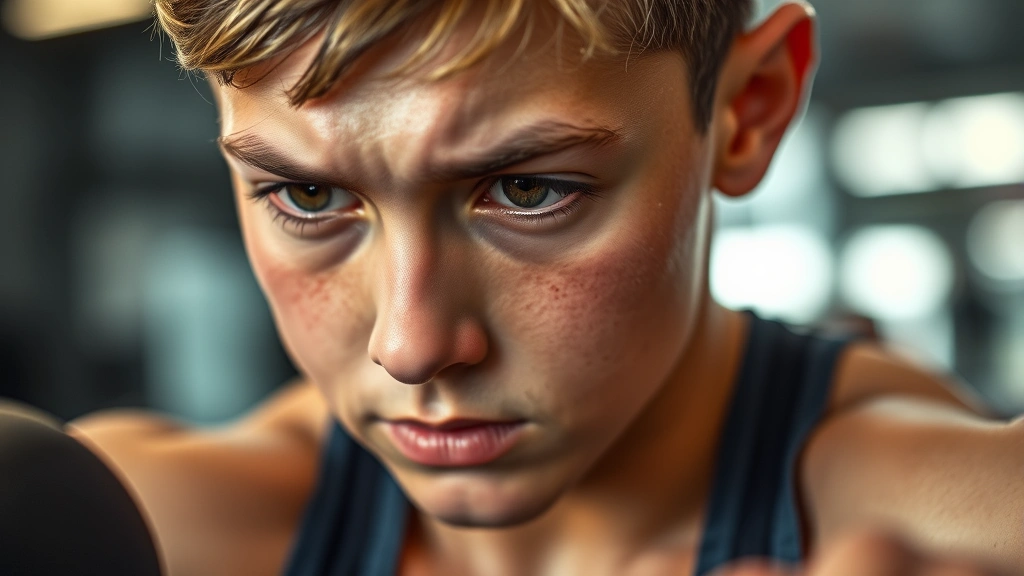 Close-up of young athlete's face showing concentration during controlled resistance exercise, sweat on brow indicating effort, determination and achievement mindset
