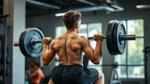 Young male teenager performing proper barbell back squat with excellent form in modern gym, focused expression, proper knee and back alignment, natural lighting showing muscle engagement and determination
