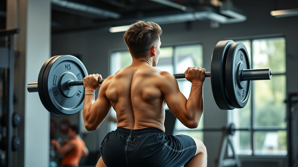 Young male teenager performing proper barbell back squat with excellent form in modern gym, focused expression, proper knee and back alignment, natural lighting showing muscle engagement and determination