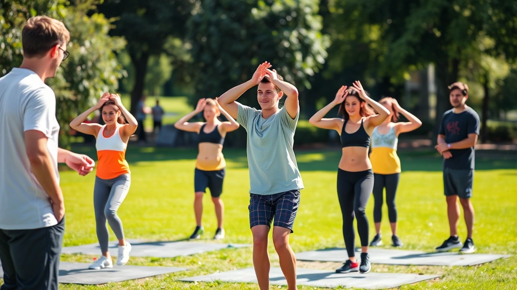 Diverse group of young athletes of different ethnicities doing bodyweight exercises outdoors in park, smiling and energetic, demonstrating proper form and technique with coach nearby observing, sunny afternoon