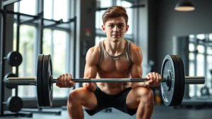 Athletic teenage boy performing proper form barbell squat in modern gym with confident expression, natural lighting, showing strength and healthy development