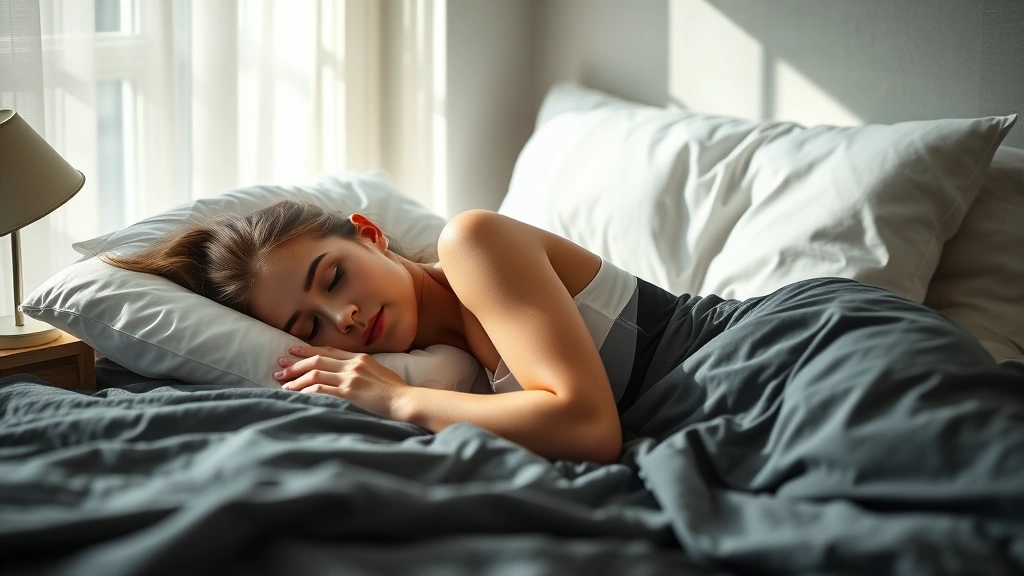Young female athlete sleeping peacefully in bed during daytime, representing recovery and growth hormone production, peaceful bedroom environment