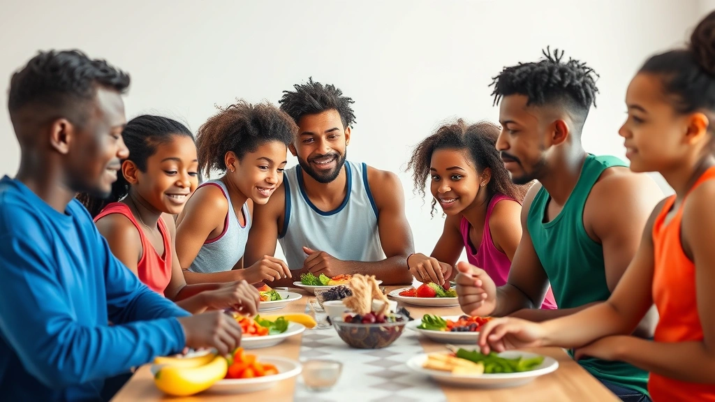 Group of diverse young athletes of different heights eating nutritious meal together at table with fruits vegetables proteins, healthy growth mindset