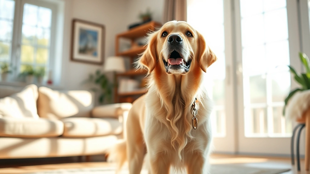 A senior golden retriever standing in a sunlit living room, showing healthy posture and alert expression, embodying vitality and wellness despite age