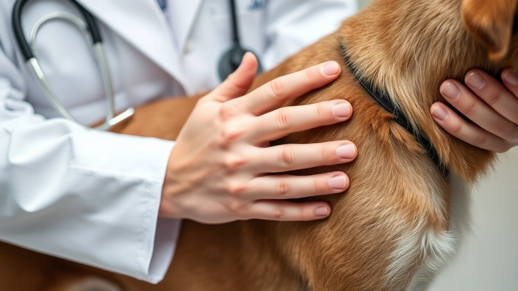 Close-up of a veterinarian's hands gently palpating a dog's body during examination, demonstrating professional care and preventive health assessment techniques