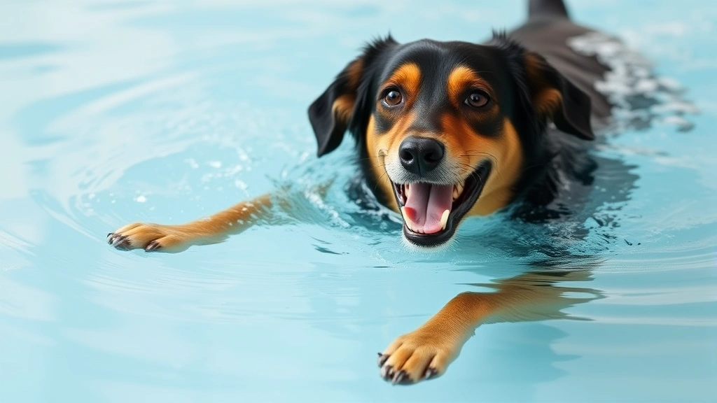 An active middle-aged dog swimming in a calm pool or water therapy setting, demonstrating low-impact exercise and joyful movement for weight management and fitness
