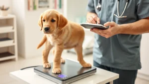 Young golden retriever puppy standing on digital scale in veterinary clinic, owner recording weight in notebook, professional setting with soft natural lighting, showing care and responsibility