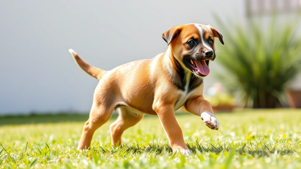 Happy healthy puppy mid-play in grassy yard, strong muscular development visible, glossy coat, energetic posture demonstrating proper growth and nutrition, outdoor sunny day