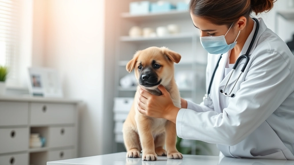 Veterinarian examining growing puppy during wellness checkup, measuring and assessing body condition, caring professional touch, puppy relaxed and healthy, modern vet office environment