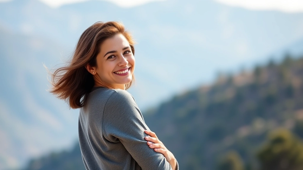Woman standing confidently with shoulders back, natural lighting, genuine smile, outdoor setting with mountains or nature background, wearing casual comfortable clothing, radiating quiet strength and self-assurance
