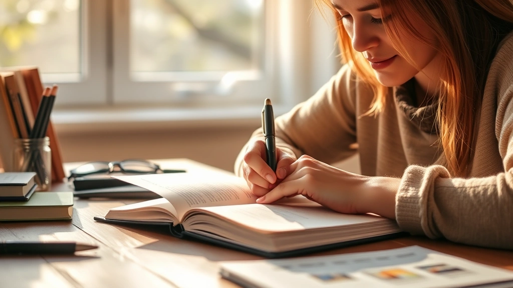 Person writing in journal at desk with warm lighting, peaceful expression, notebook open showing handwritten notes, morning sunlight through window, calm focused environment, representing self-reflection and personal growth