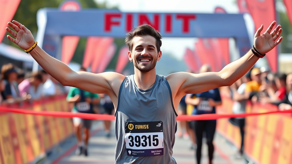 Individual at finish line of running event or completing physical challenge, arms raised in celebration, genuine joy and pride on face, community supporters in background, representing achievement and mastery accomplishment