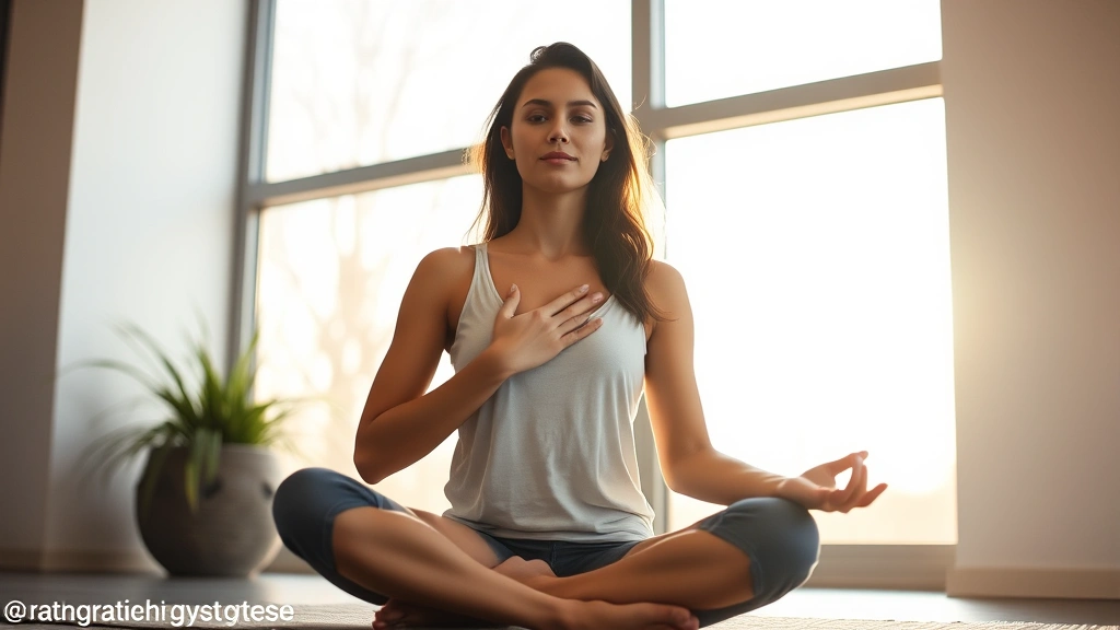 Woman sitting peacefully in meditation pose by large window with natural light, serene expression, hand on heart, warm sunlight streaming in, minimalist modern interior space