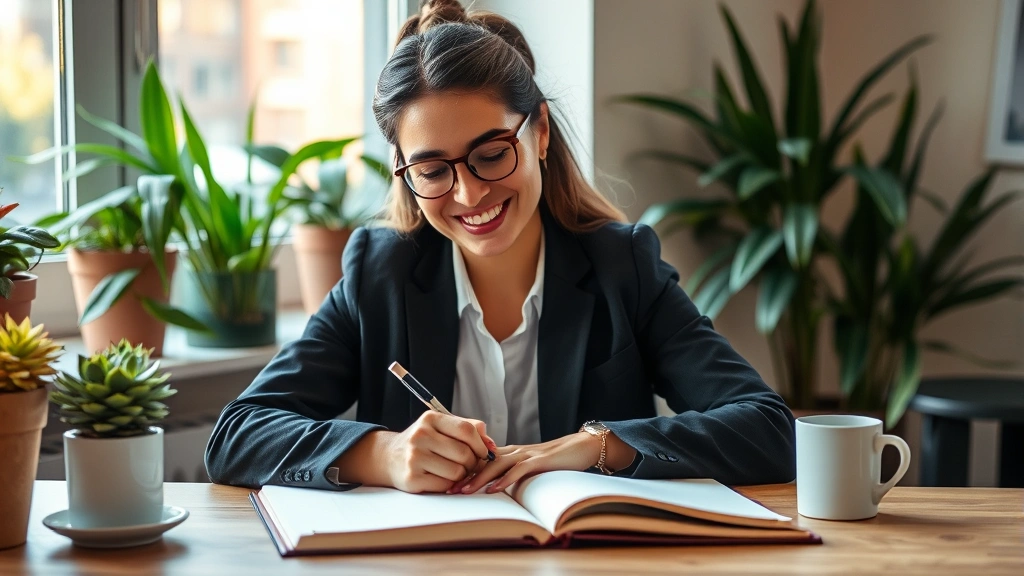 Professional person writing in journal at desk with plants, coffee, genuine smile of satisfaction, warm lighting, focused and peaceful expression, moment of self-reflection and growth