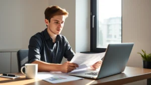 Young professional reviewing financial documents at desk with laptop, morning sunlight streaming through window, focused expression showing financial planning, modern minimalist office setting with coffee cup